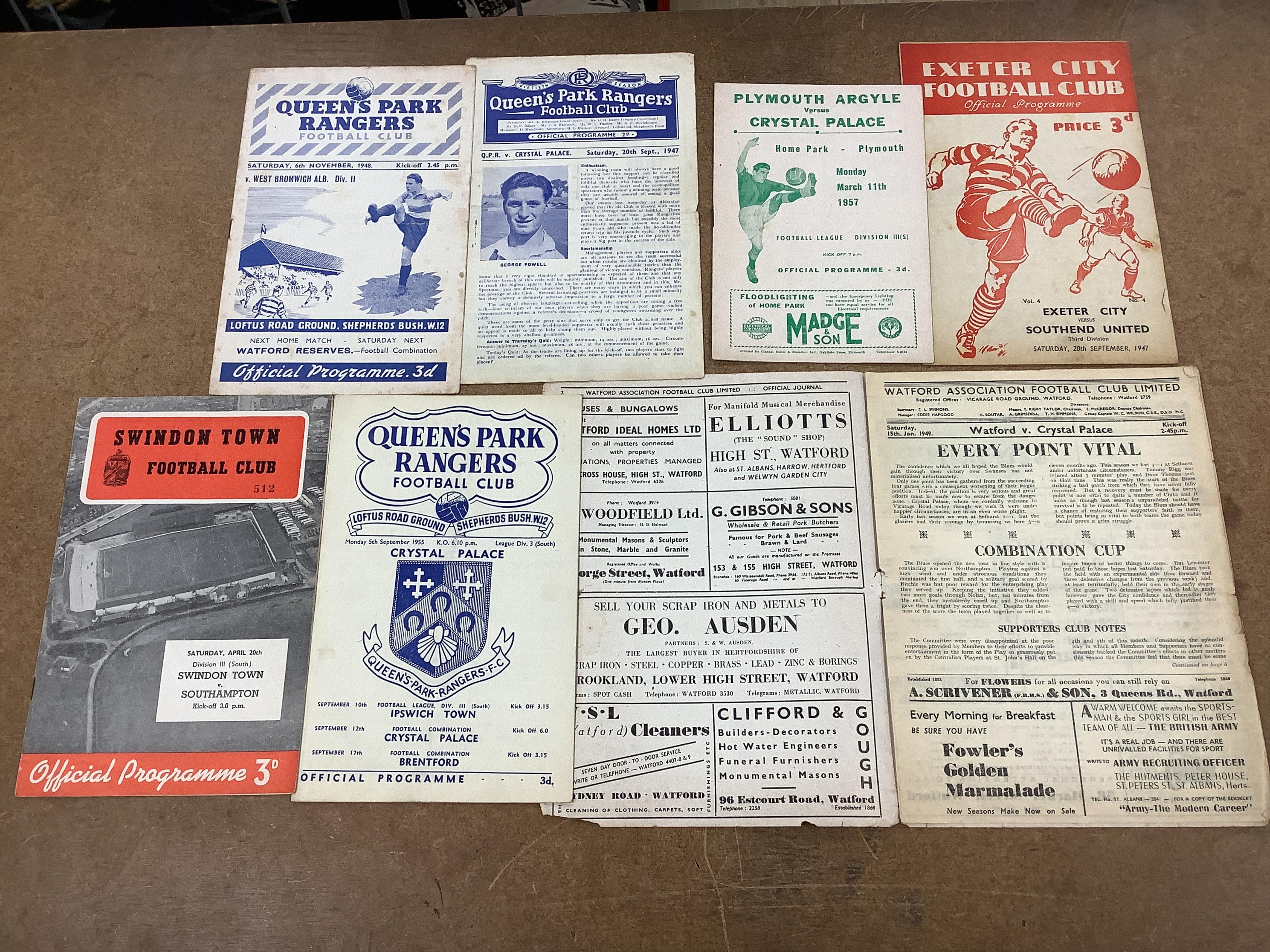 A collection of 1940s-70s football programmes, including Millwall, Fulham, Everton, Newcastle United, Crystal Palace, Leyton orient, Charlton Athletic, Brighton Hove Albion, Leicester City etc.